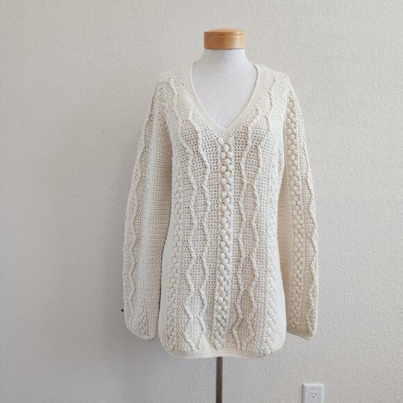 Homemade Chunky Cable Open Knit Cream V Neck Pullover Sweater Tunic Womens S - Picture 2 of 10